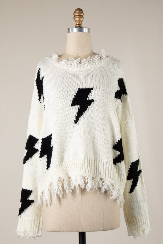 Reversible Lightning Bolt Distressed Sweater