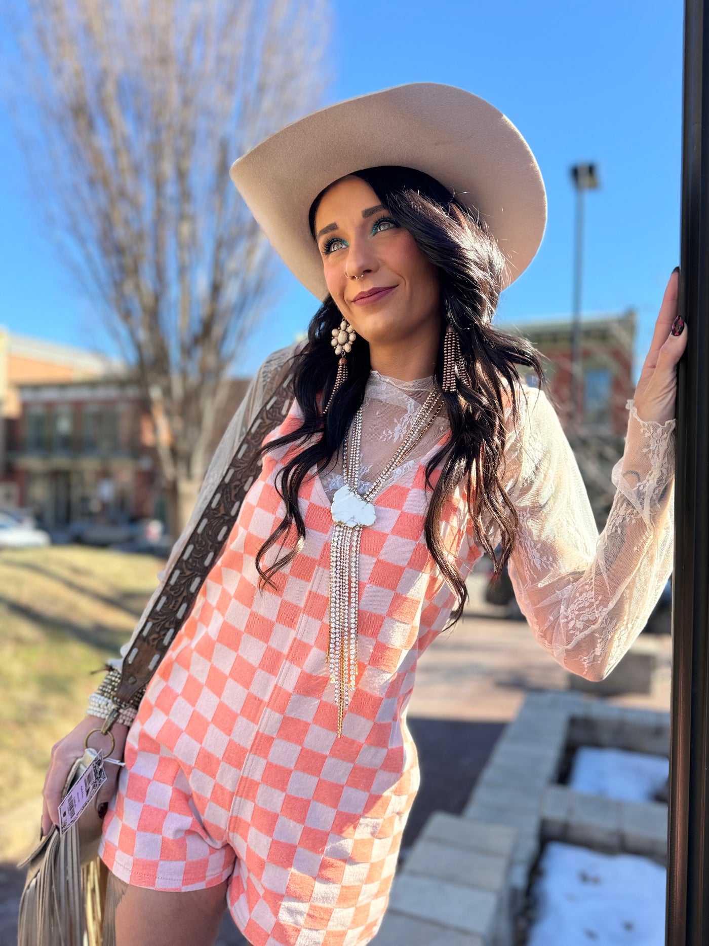 Playful Checkered Coral Romper