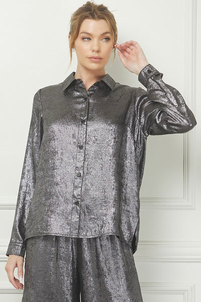 Gunmetal Long Sleeve Satin Top