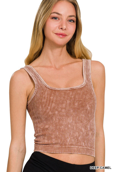 Stone Wash Ribbed Square Neck Cropped Tank (5 Colors)