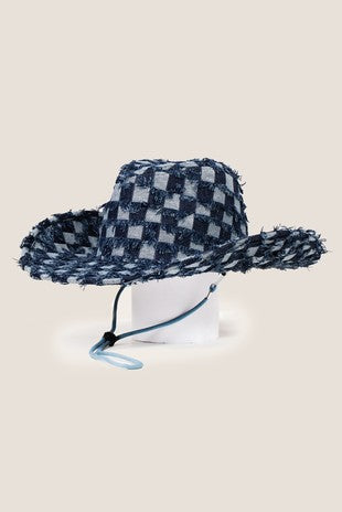 Checkered Fringe Denim Cowboy Hat