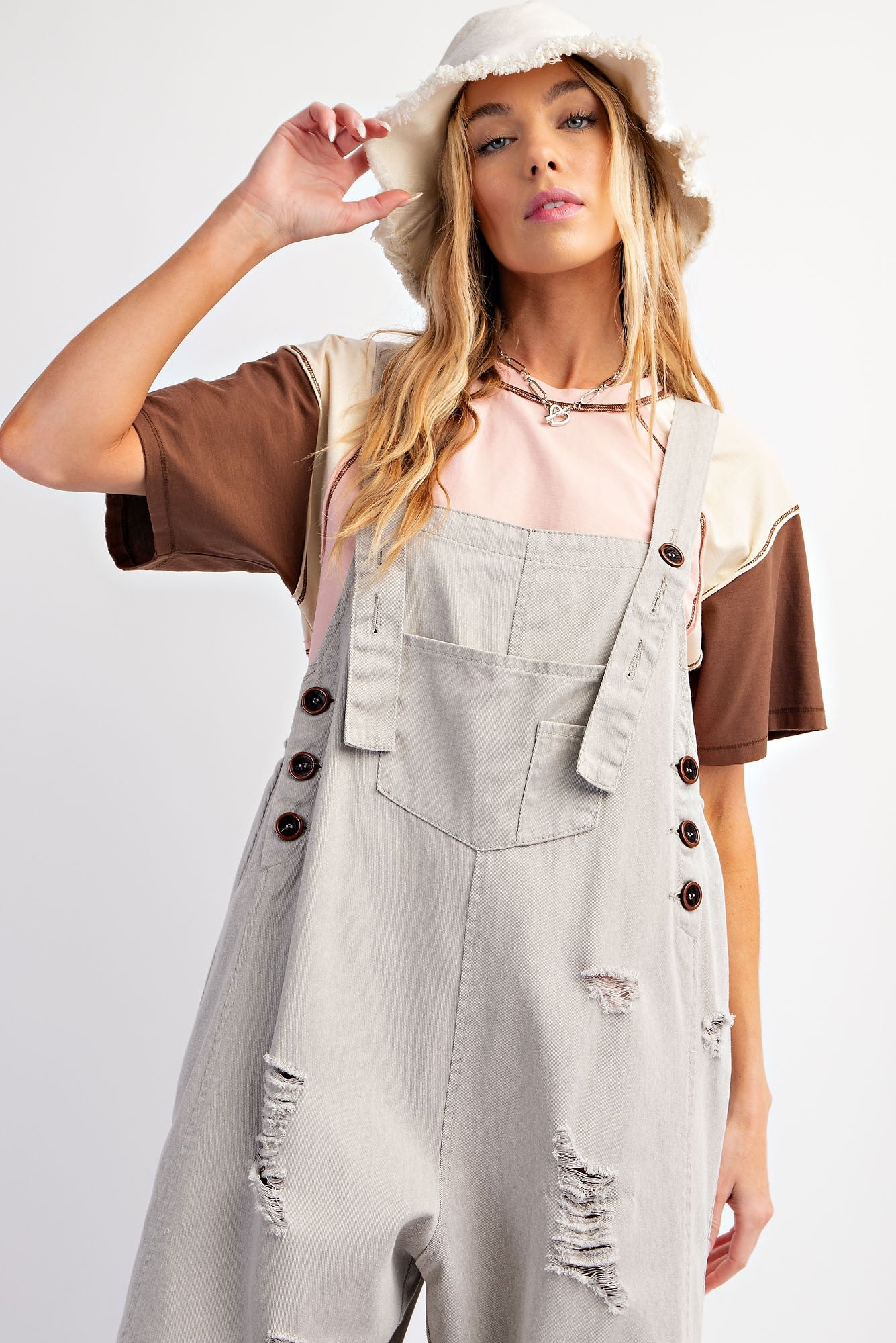 Stone Distressed & Oversized Overalls by Easel