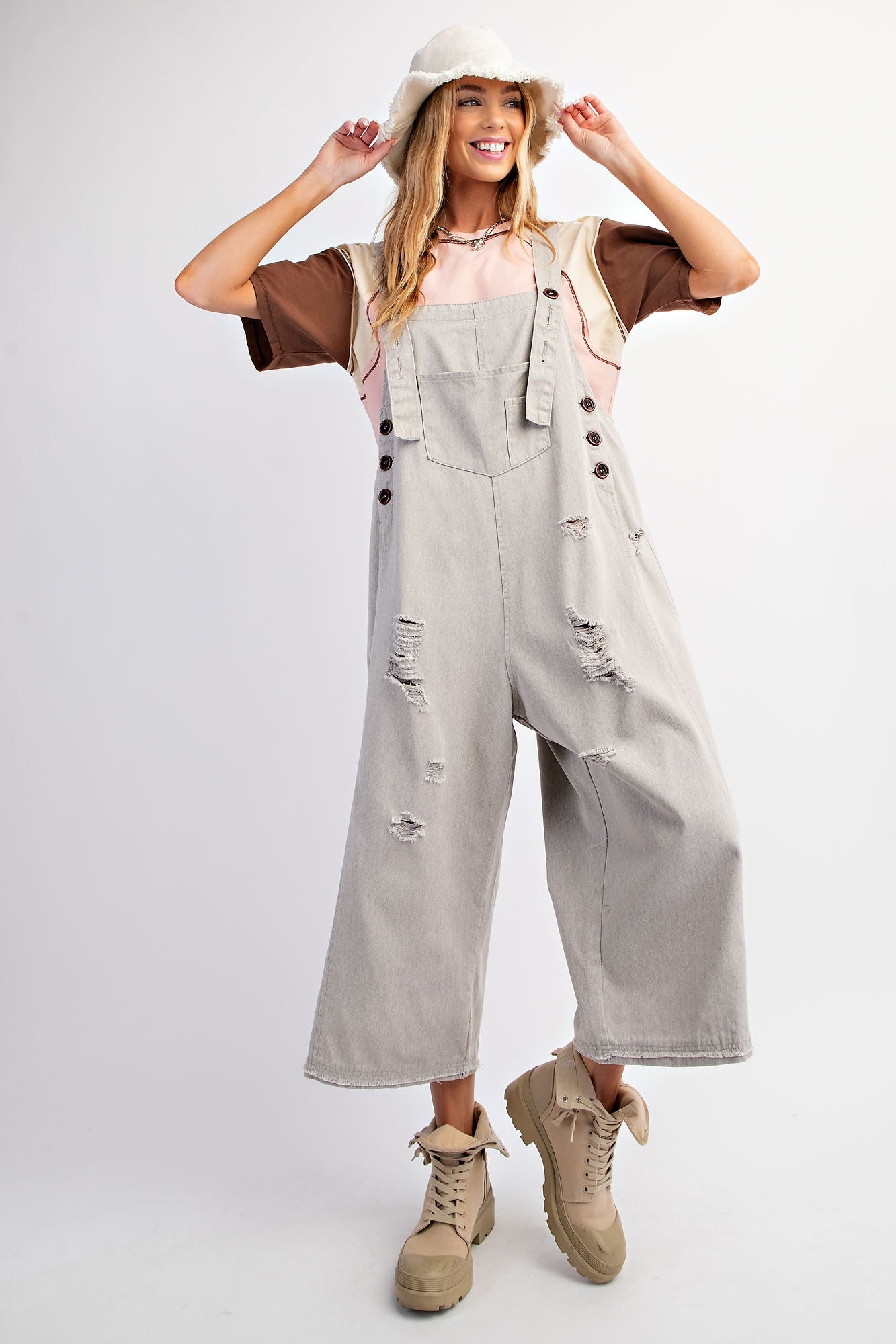 Stone Distressed & Oversized Overalls by Easel