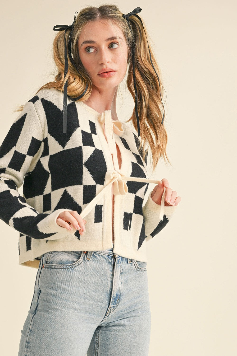 She's Geometric Bow-Front Cardigan