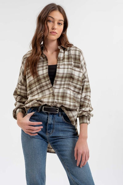 Collared Long Sleeve Button Down Plaid Shirt