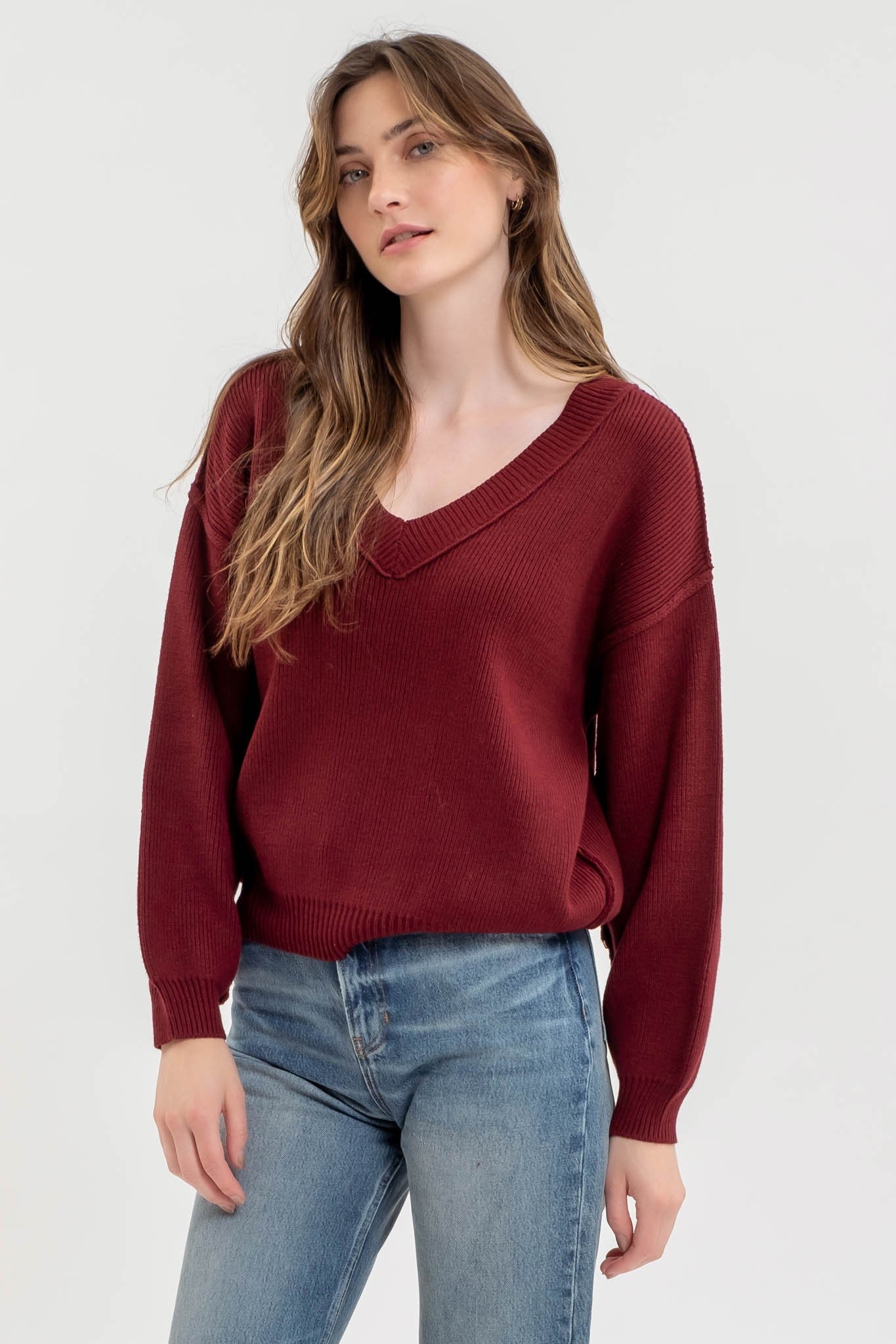 Exposed Hem V Neck Sweater (4 Colors)