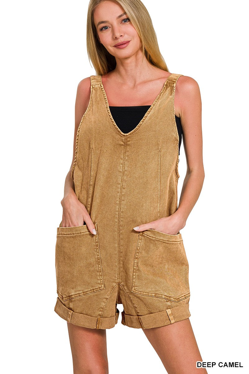 Washed Adjustable Strap Romper Denim With Pocket