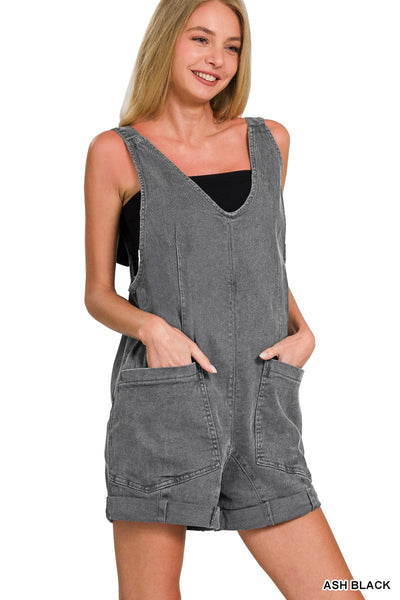 Washed Adjustable Strap Romper Denim With Pocket