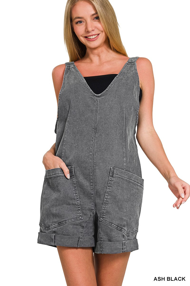 Washed Adjustable Strap Romper Denim With Pocket