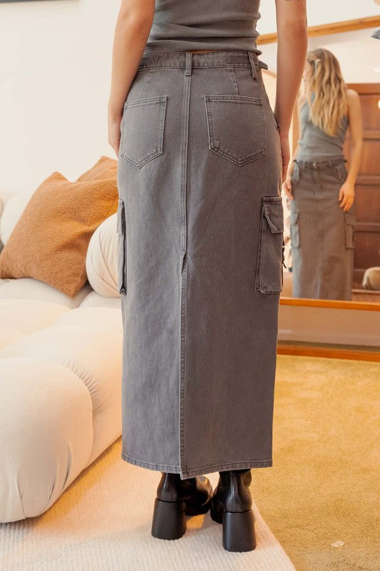 Cargo Denim Back Slit Midi Skirt