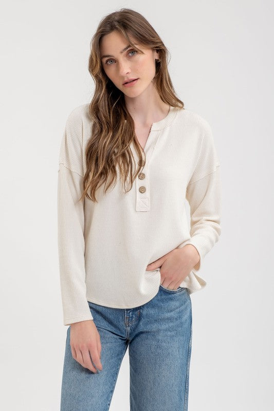 Half Button V Neck Long Sleeve Knit Top