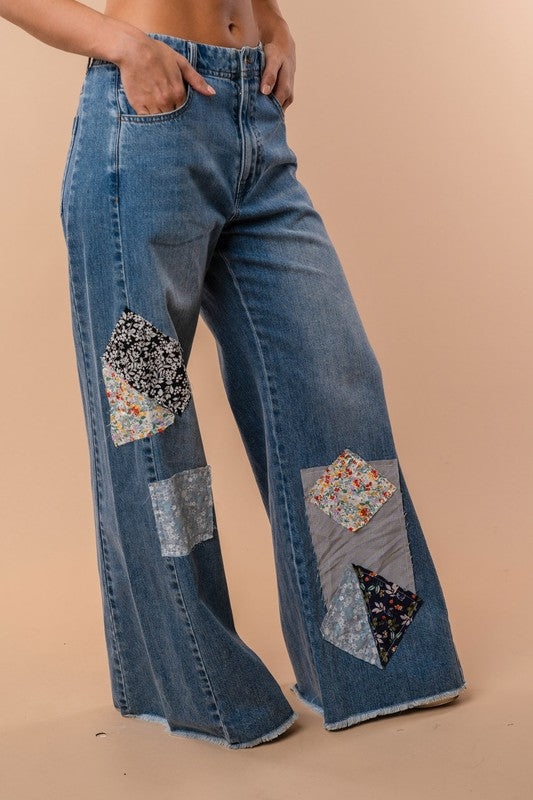 High Waisted Patch Work Solid Knit Jeans