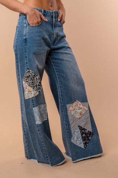 High Waisted Patch Work Solid Knit Jeans