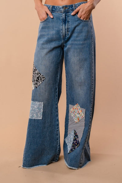 High Waisted Patch Work Solid Knit Jeans