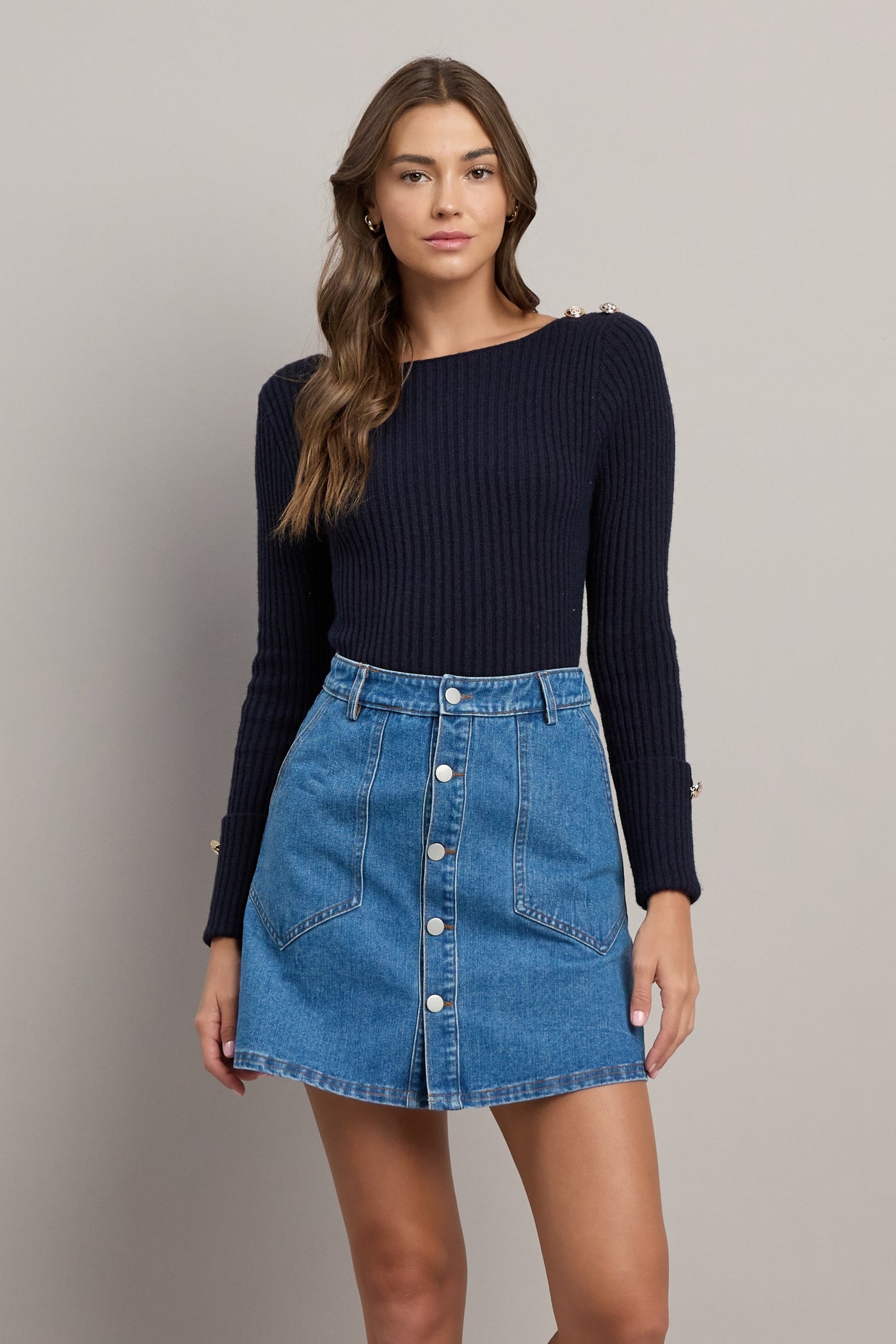 Button Front Denim Mini Skirt