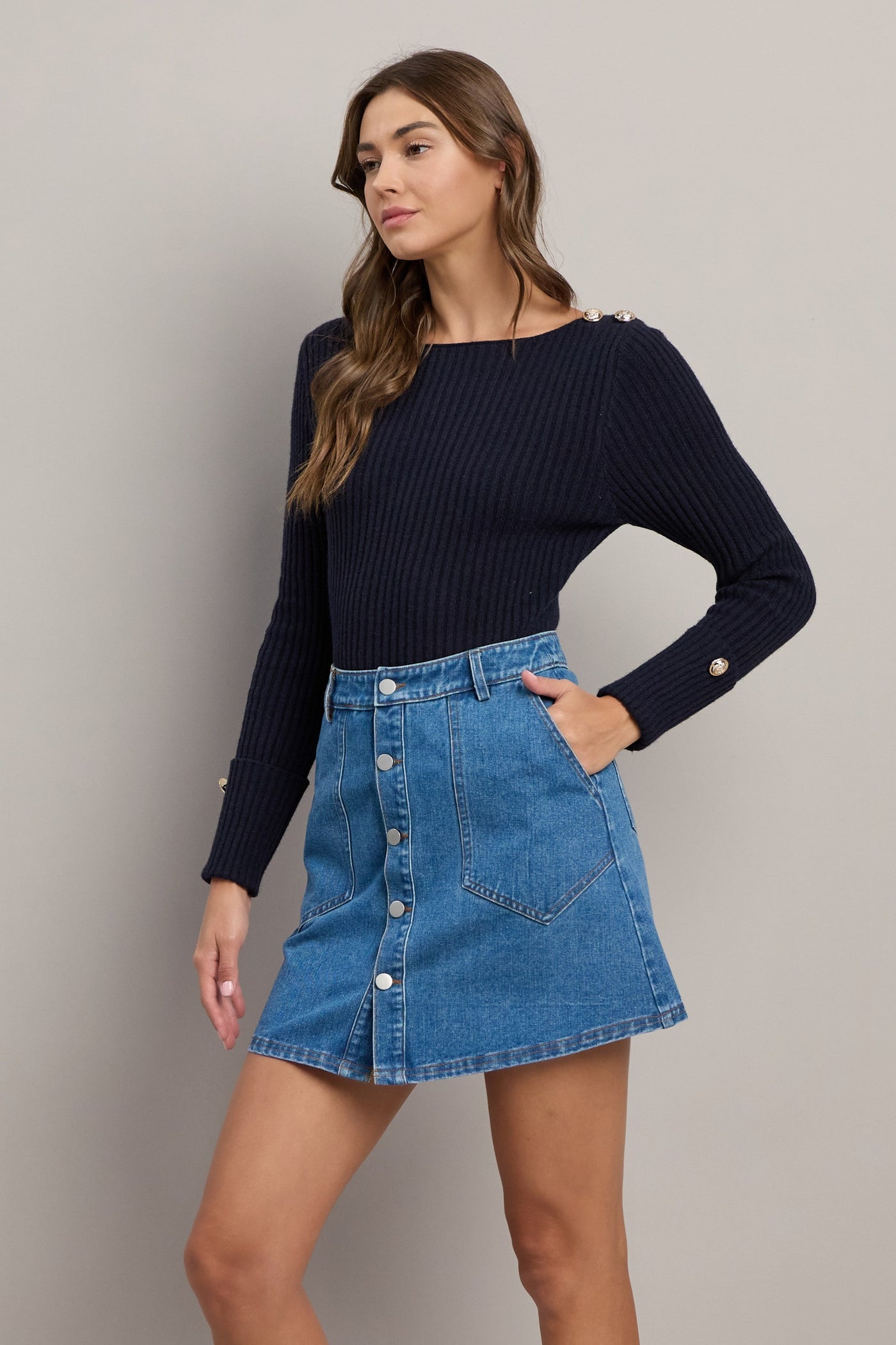 Button Front Denim Mini Skirt