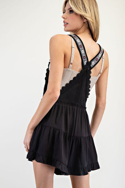 Black Lace Trim Sleeveless Romper