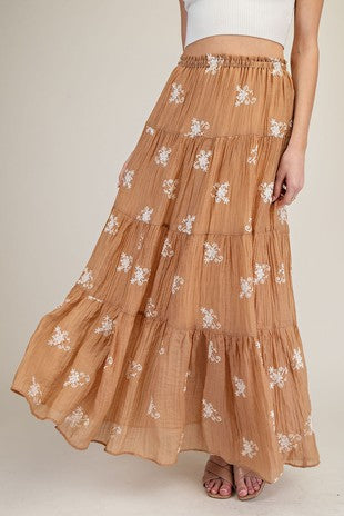 Cappuccino Embroidered Tiered Maxi Skirt