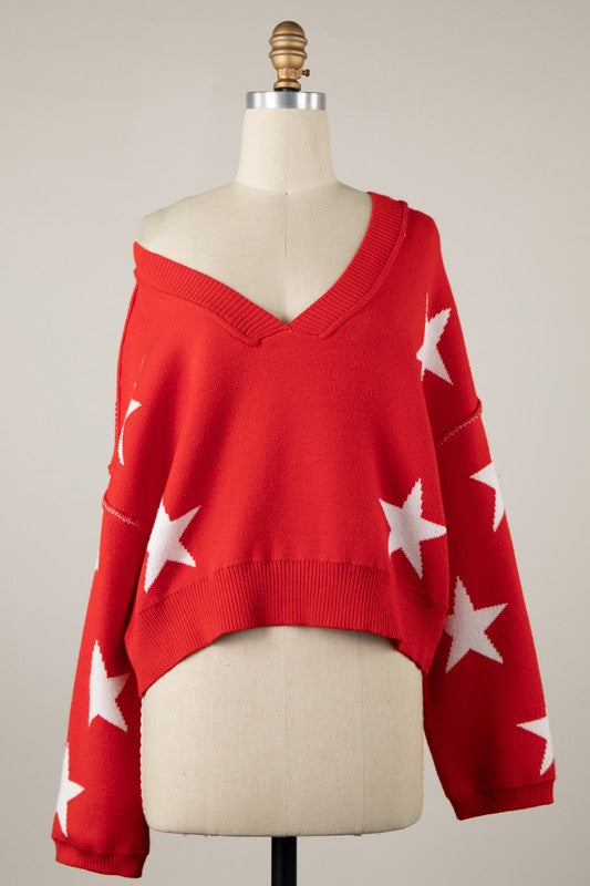 Red Star V Neck Cropped Sweater