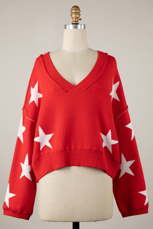 Red Star V Neck Cropped Sweater