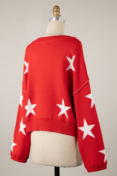 Red Star V Neck Cropped Sweater