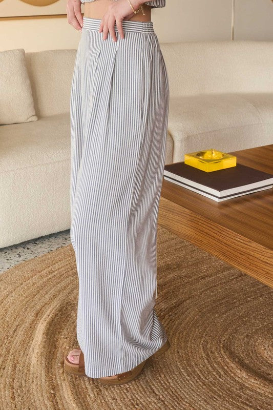 Grey Stripe Pleated Wide Leg Pant Set