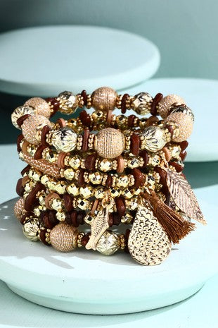 7 Layered Brown Leaflet Bracelet Stack