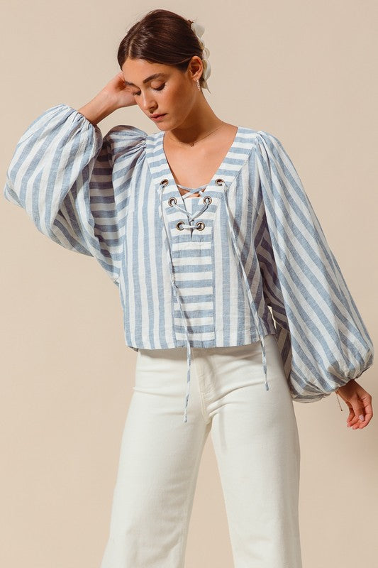 Piper Striped Woven Lace Up Blouse