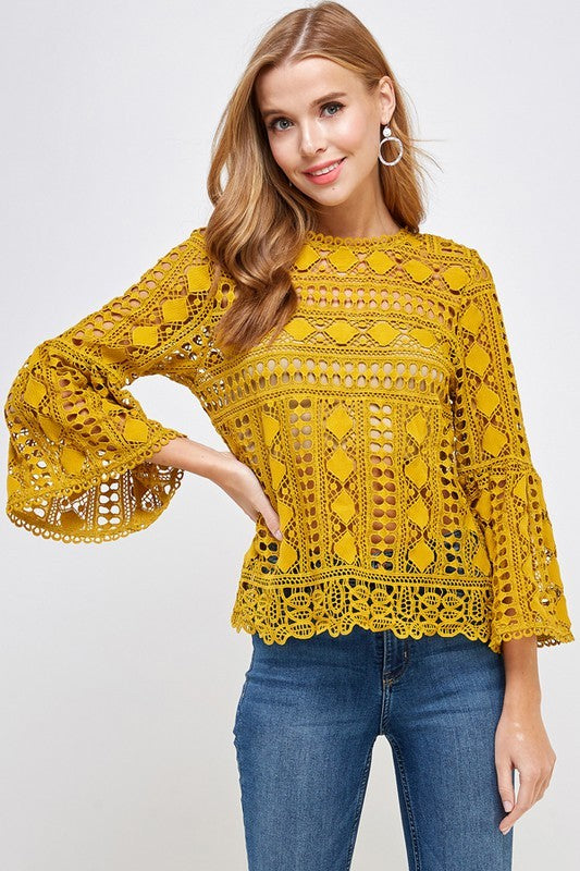 Mustard Lace Bell Sleeve Top