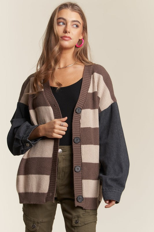 Carla Denim Sleeve Striped Cardigan