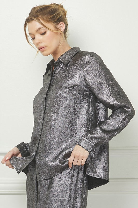 Gunmetal Long Sleeve Satin Top