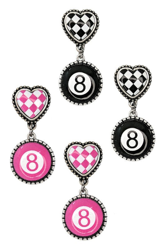 Checkered Heart Magic 8 Ball Earrings