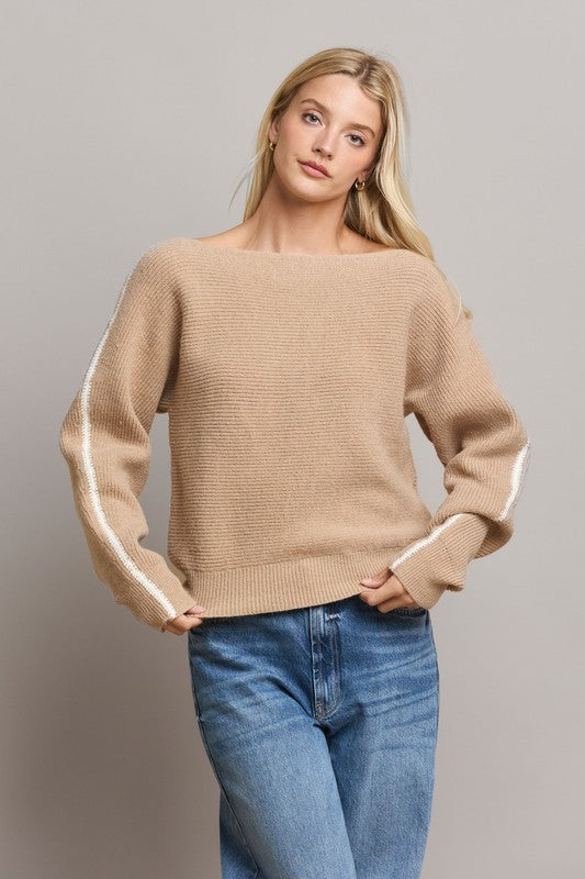 Taupe Side Strip Boat Neck Sweater