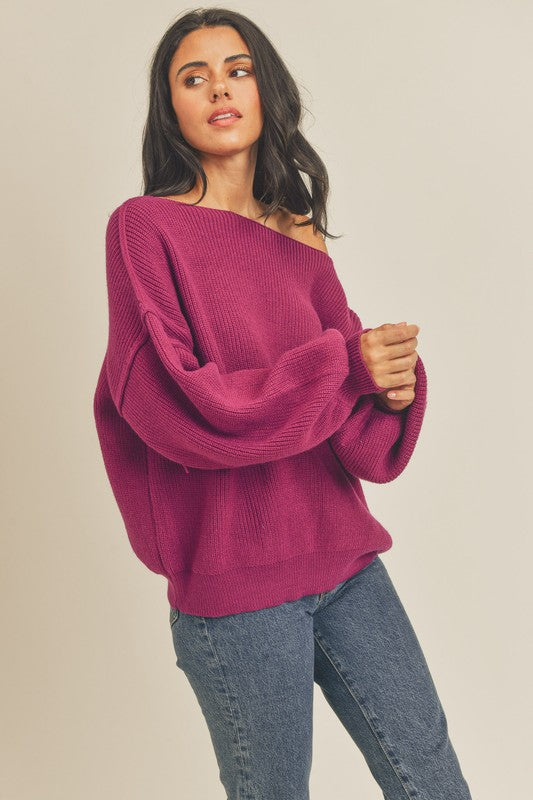 Boat Neck Bubble Sleeve Sweater - Plum