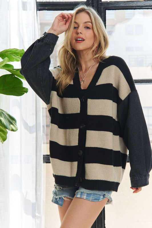 Carla Denim Sleeve Striped Cardigan