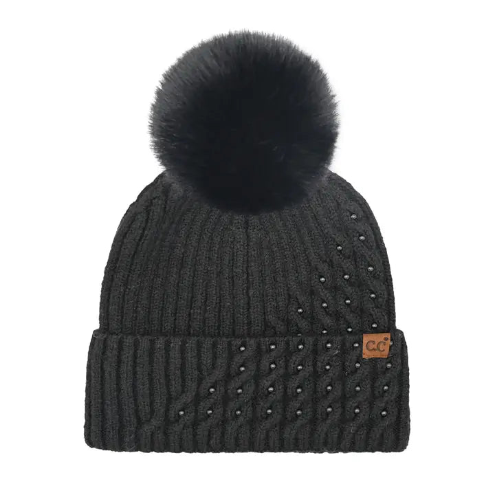 Pearl Embellishment Cable Knit Pom Beanie