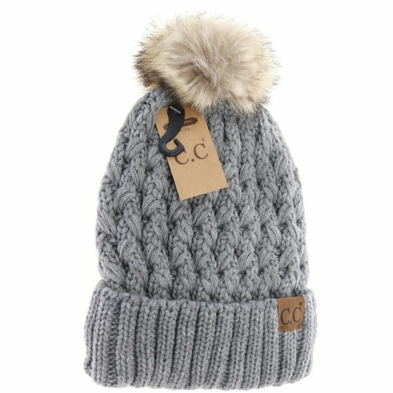 Lattice Stitch Fur Pom Beanie