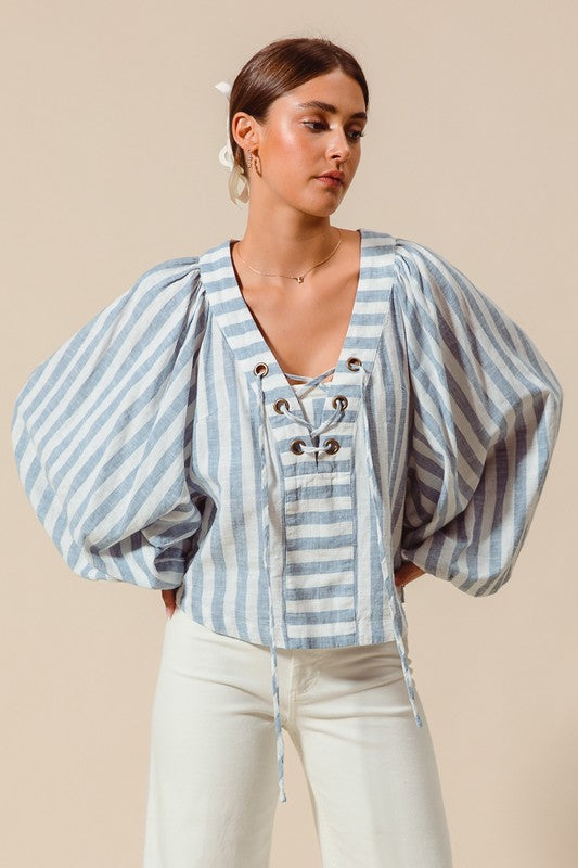 Piper Striped Woven Lace Up Blouse