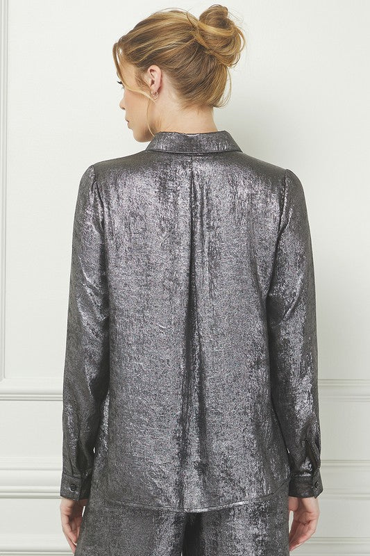 Gunmetal Long Sleeve Satin Top