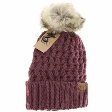 Lattice Stitch Fur Pom Beanie