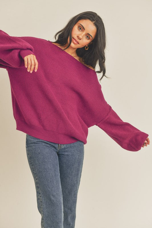 Boat Neck Bubble Sleeve Sweater - Plum