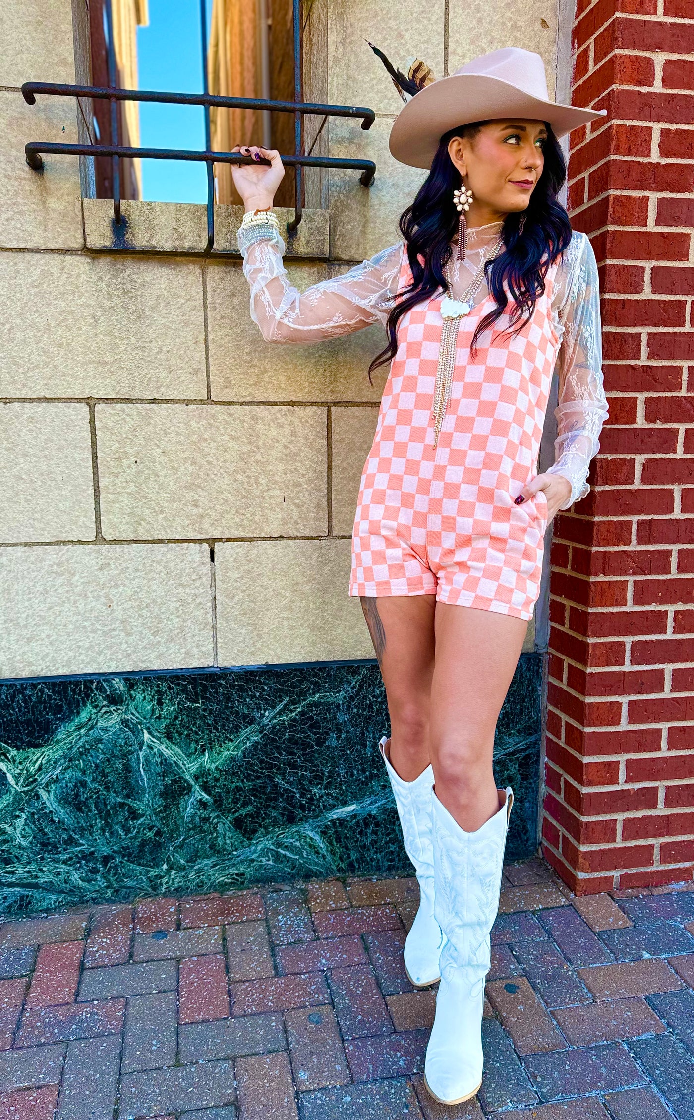 Playful Checkered Coral Romper