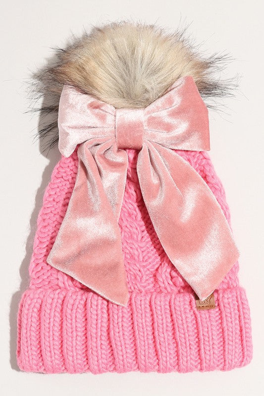 Winter Bow Scrunchie Pom Pom Beanie