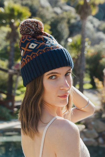 Aztec Blue & Camel Pom Beanie