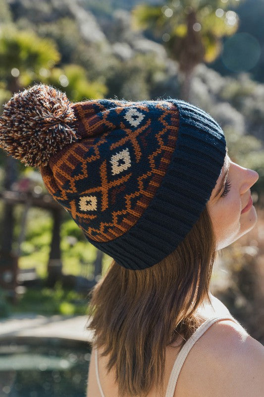 Aztec Blue & Camel Pom Beanie