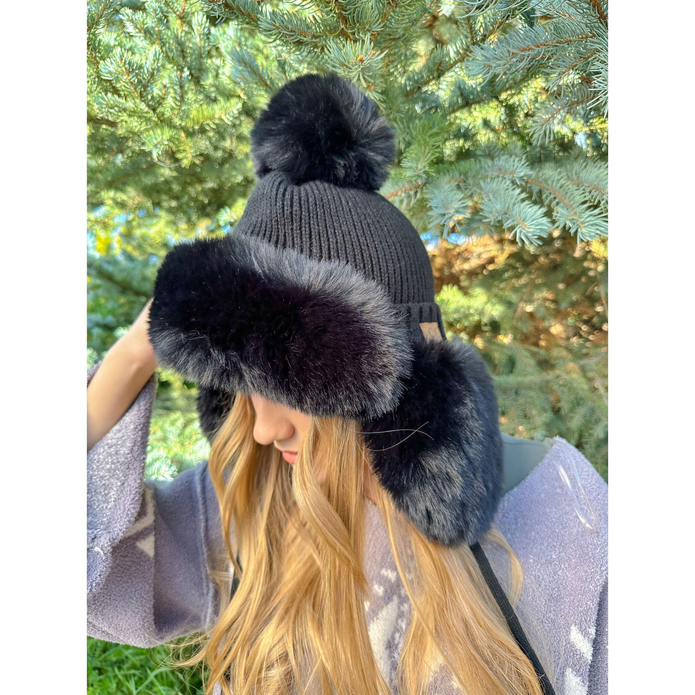 Fuzzy Trapper Pom Beanie