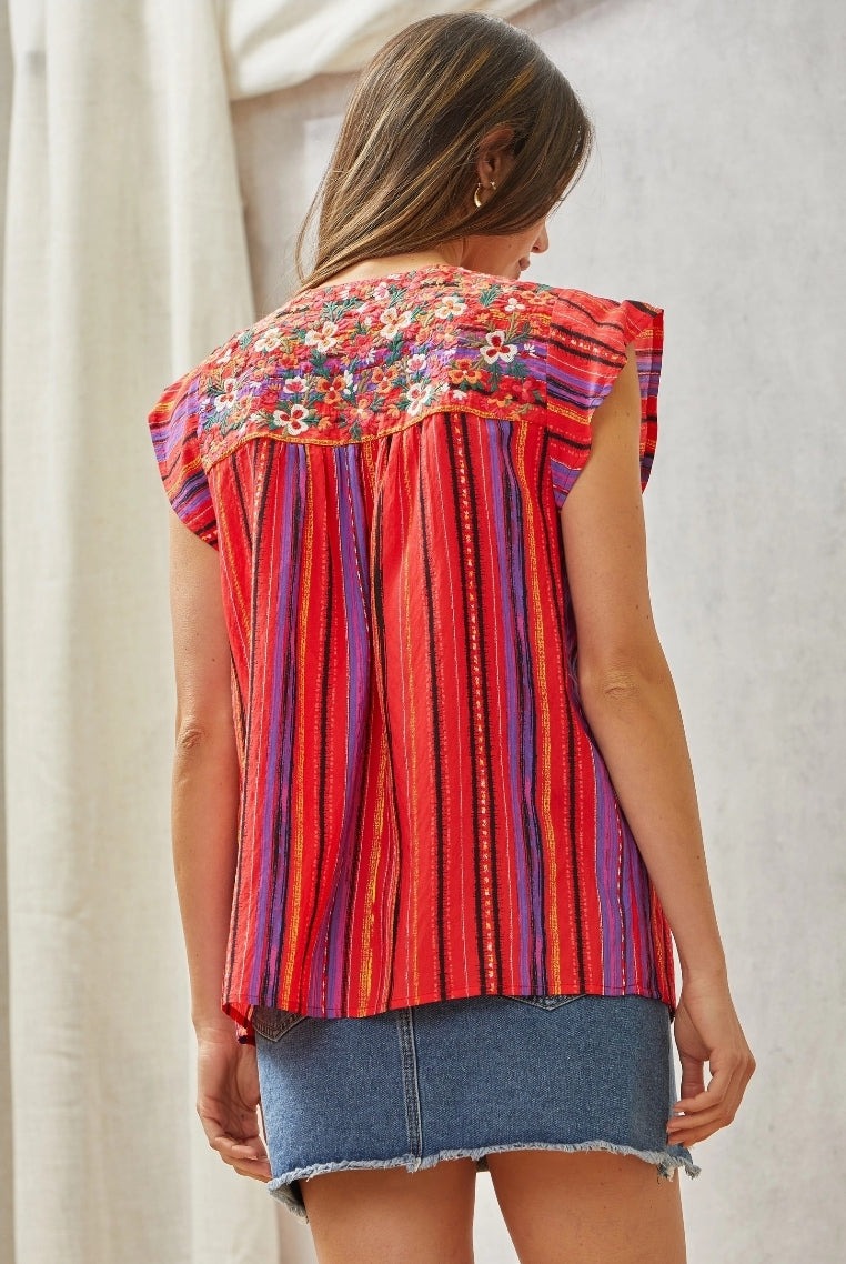 Red Multi Embroidered Flutter Sleeve Top