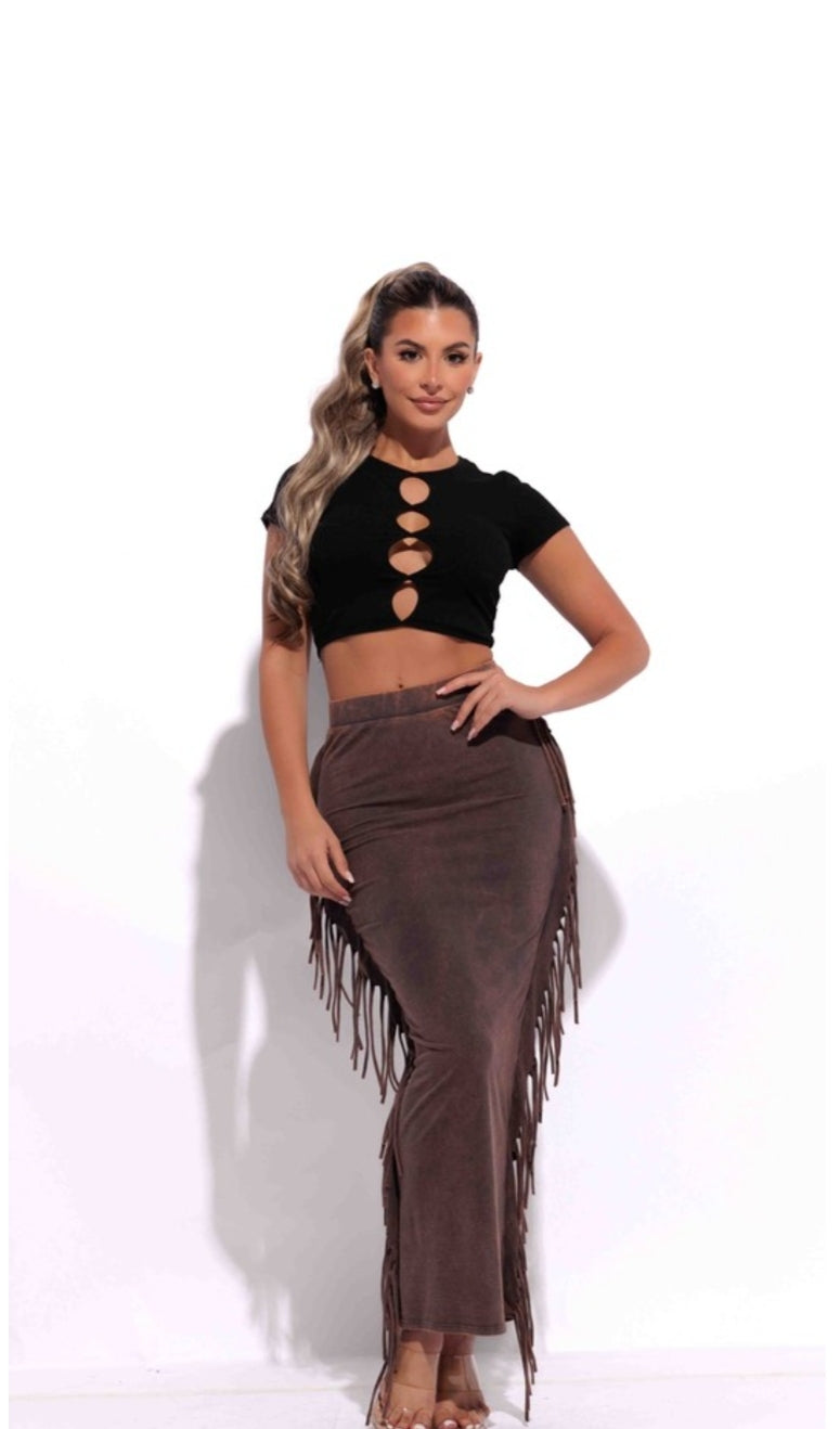 Mineral Washed Fringe Maxi Skirt