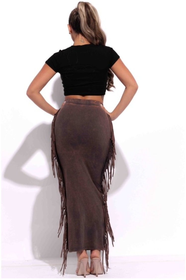 Mineral Washed Fringe Maxi Skirt