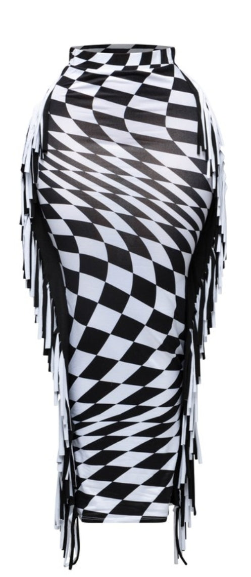 Checkered Maxi Fringe Skirt